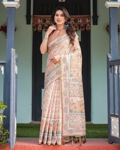 Ivory with Floral Prints Linen Cotton Handloom Printed Saree, Festive Procession Pallu, and Tassels