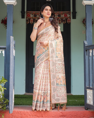 Ivory with Floral Prints Linen Cotton Handloom Printed Saree, Festive Procession Pallu, and Tassels