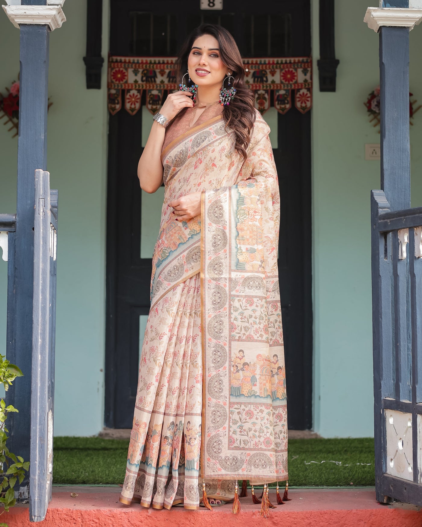 Ivory with Floral Prints Linen Cotton Handloom Printed Saree, Festive Procession Pallu, and Tassels