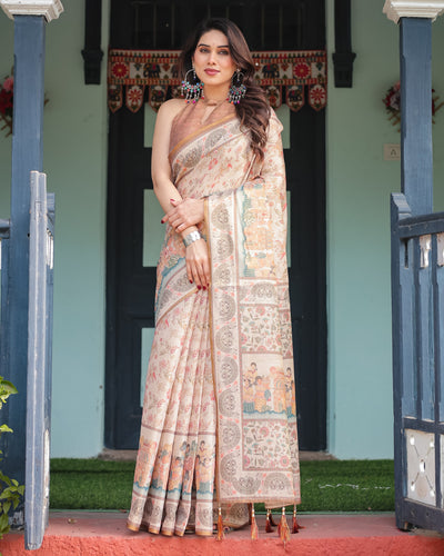 Ivory with Floral Prints Linen Cotton Handloom Printed Saree, Festive Procession Pallu, and Tassels