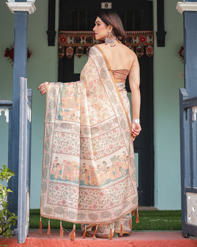 Ivory with Floral Prints Linen Cotton Handloom Printed Saree, Festive Procession Pallu, and Tassels