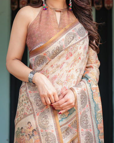 Ivory with Floral Prints Linen Cotton Handloom Printed Saree, Festive Procession Pallu, and Tassels