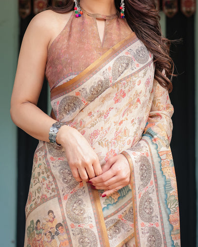 Ivory with Floral Prints Linen Cotton Handloom Printed Saree, Festive Procession Pallu, and Tassels