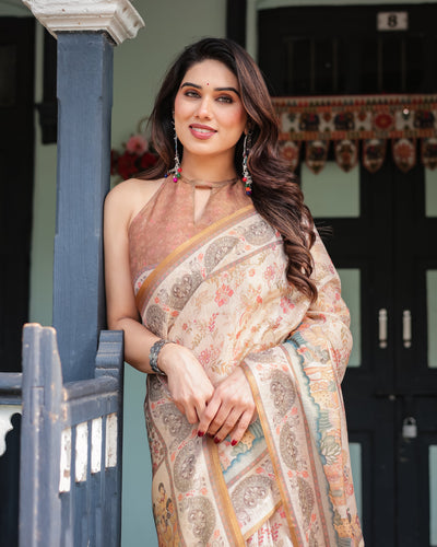 Ivory with Floral Prints Linen Cotton Handloom Printed Saree, Festive Procession Pallu, and Tassels