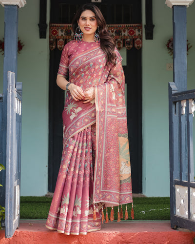 Mauve with Floral Motifs Linen Cotton Handloom Printed Saree, Pastoral Scene Pallu, and Tassels