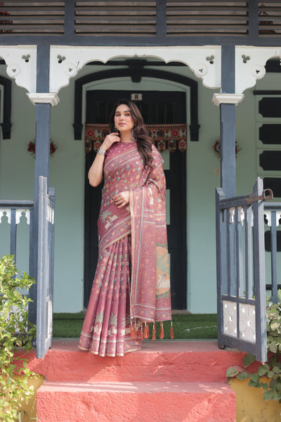 Mauve with Floral Motifs Linen Cotton Handloom Printed Saree, Pastoral Scene Pallu, and Tassels