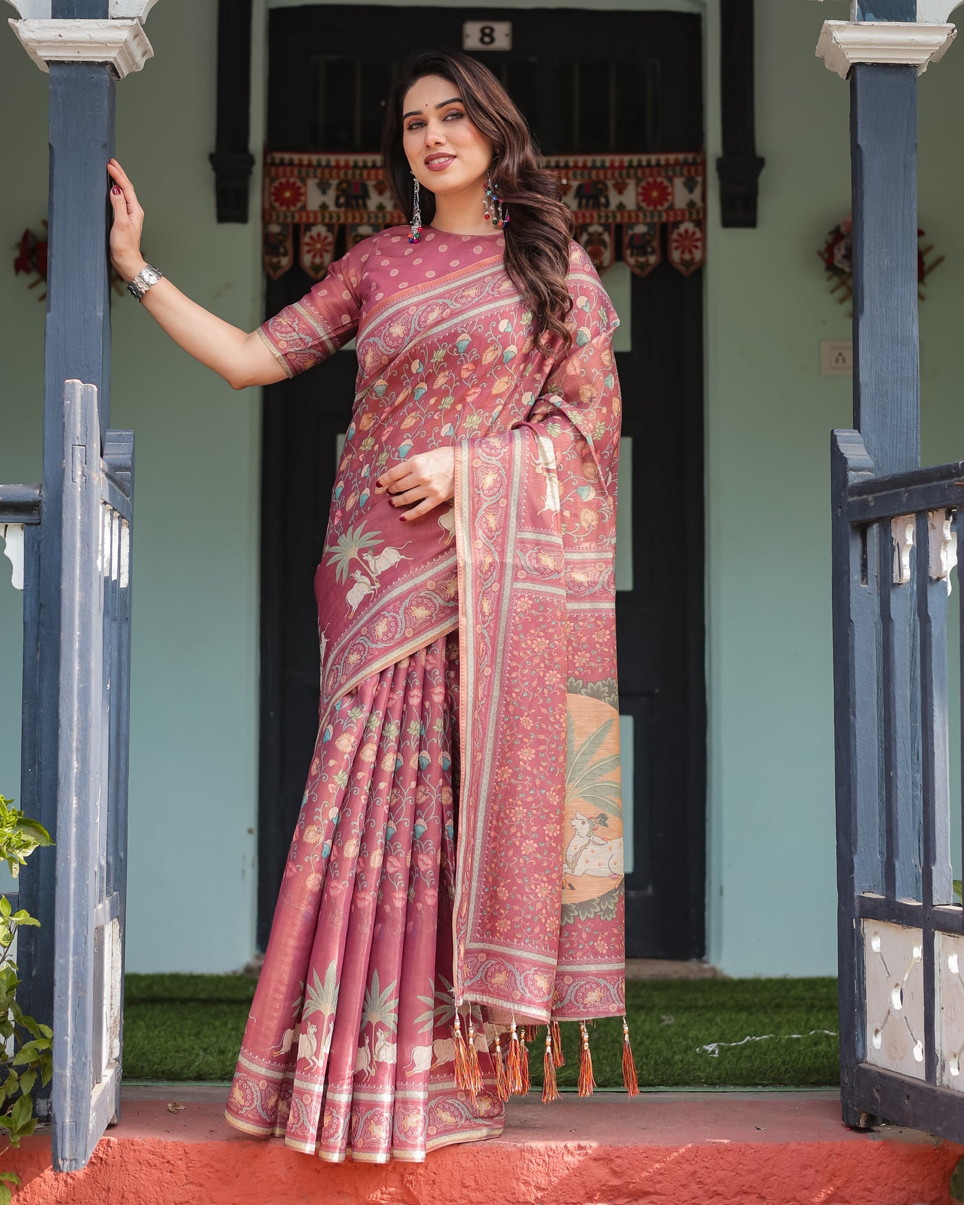 Mauve with Floral Motifs Linen Cotton Handloom Printed Saree, Pastoral Scene Pallu, and Tassels