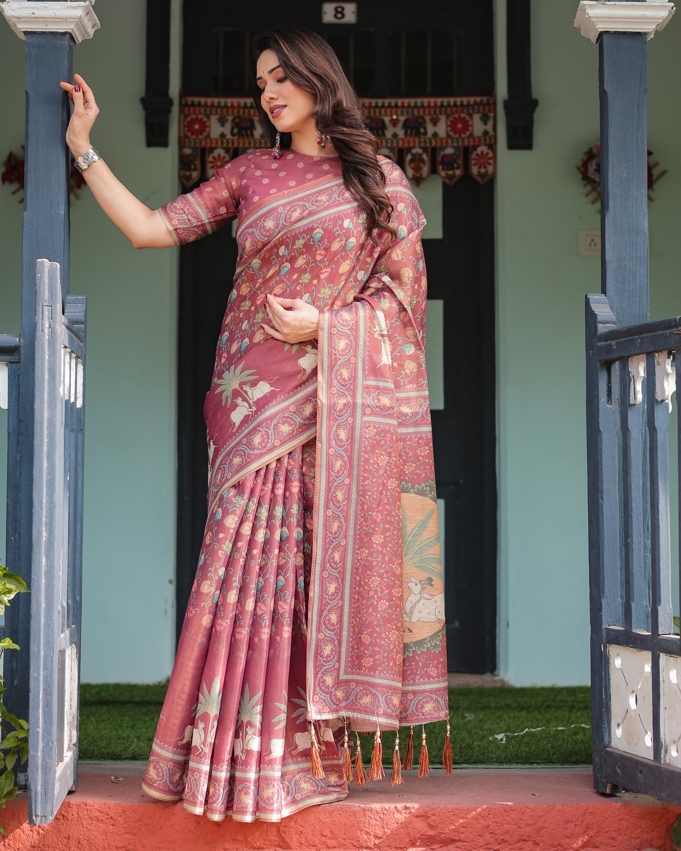 Mauve with Floral Motifs Linen Cotton Handloom Printed Saree, Pastoral Scene Pallu, and Tassels