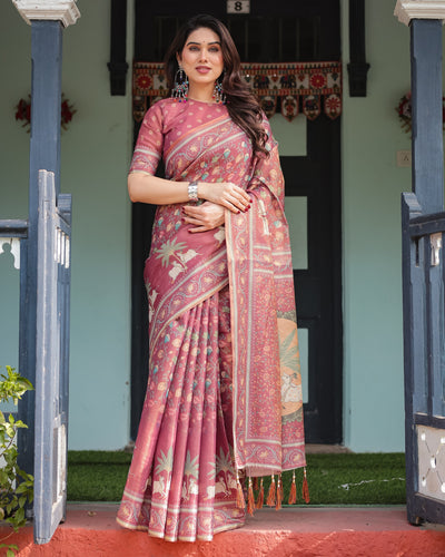 Mauve with Floral Motifs Linen Cotton Handloom Printed Saree, Pastoral Scene Pallu, and Tassels