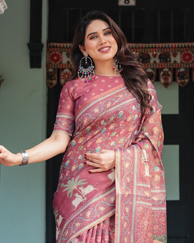 Mauve with Floral Motifs Linen Cotton Handloom Printed Saree, Pastoral Scene Pallu, and Tassels