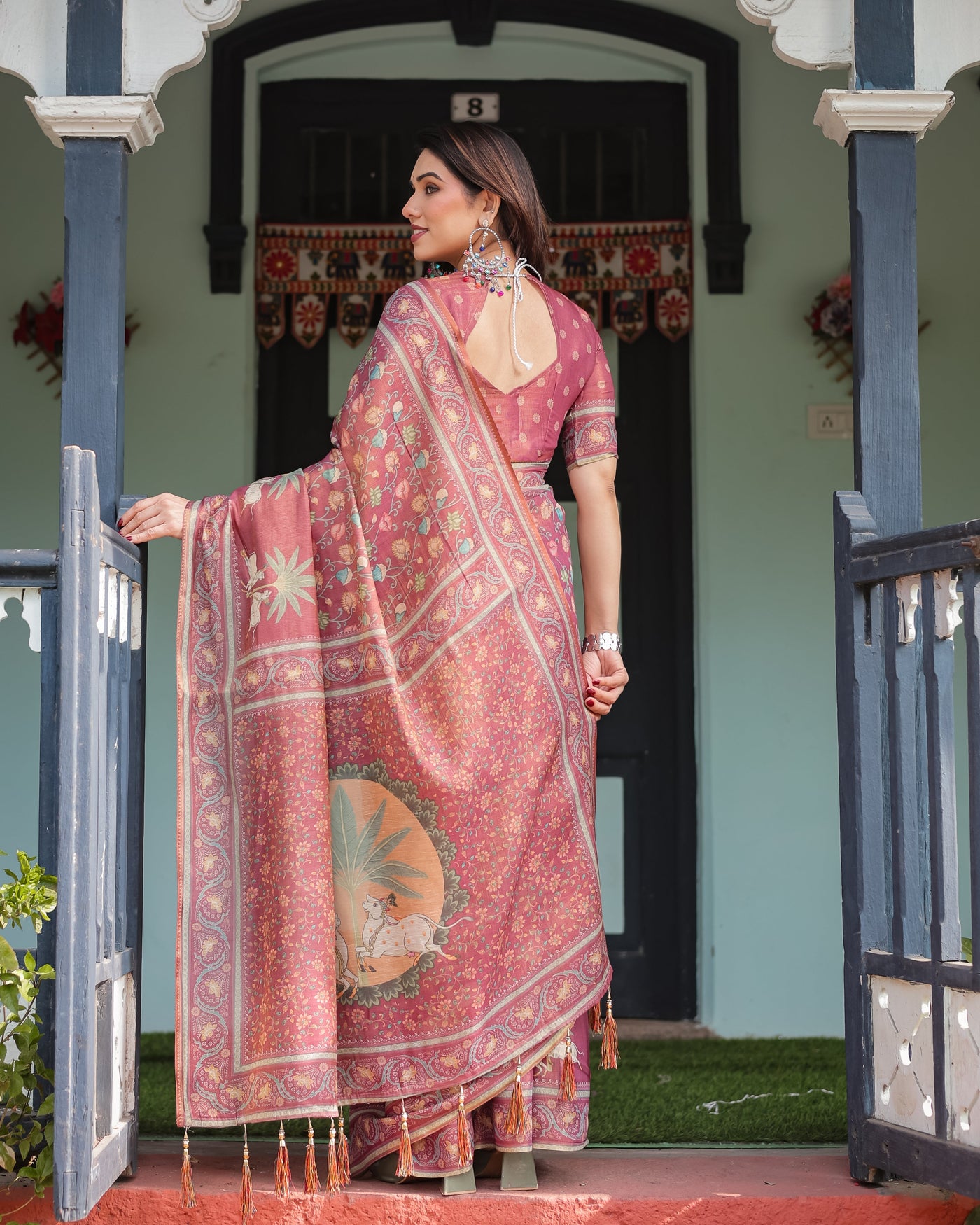 Mauve with Floral Motifs Linen Cotton Handloom Printed Saree, Pastoral Scene Pallu, and Tassels