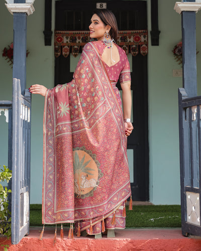 Mauve with Floral Motifs Linen Cotton Handloom Printed Saree, Pastoral Scene Pallu, and Tassels