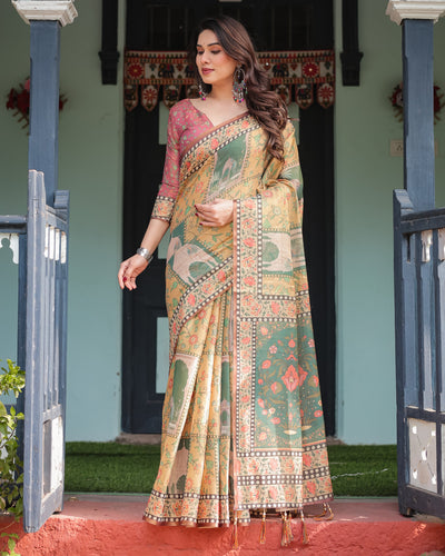 Mustard Yellow with Floral Motifs, Linen Cotton Handloom Printed Saree Architectural Pallu, and Tassels