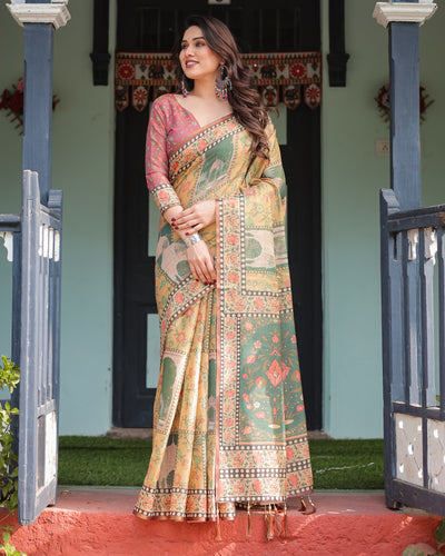 Mustard Yellow with Floral Motifs, Linen Cotton Handloom Printed Saree Architectural Pallu, and Tassels