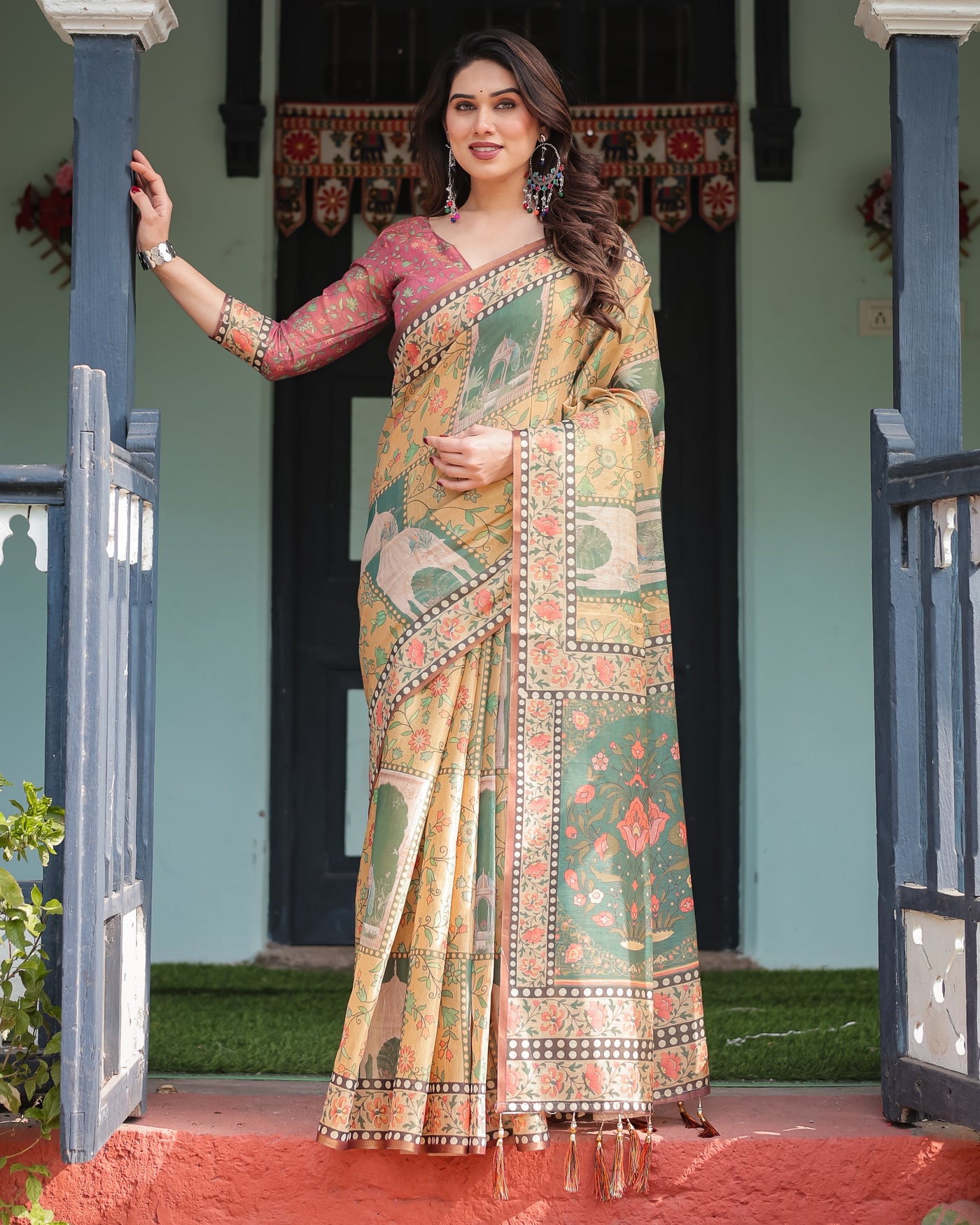 Mustard Yellow with Floral Motifs, Linen Cotton Handloom Printed Saree Architectural Pallu, and Tassels