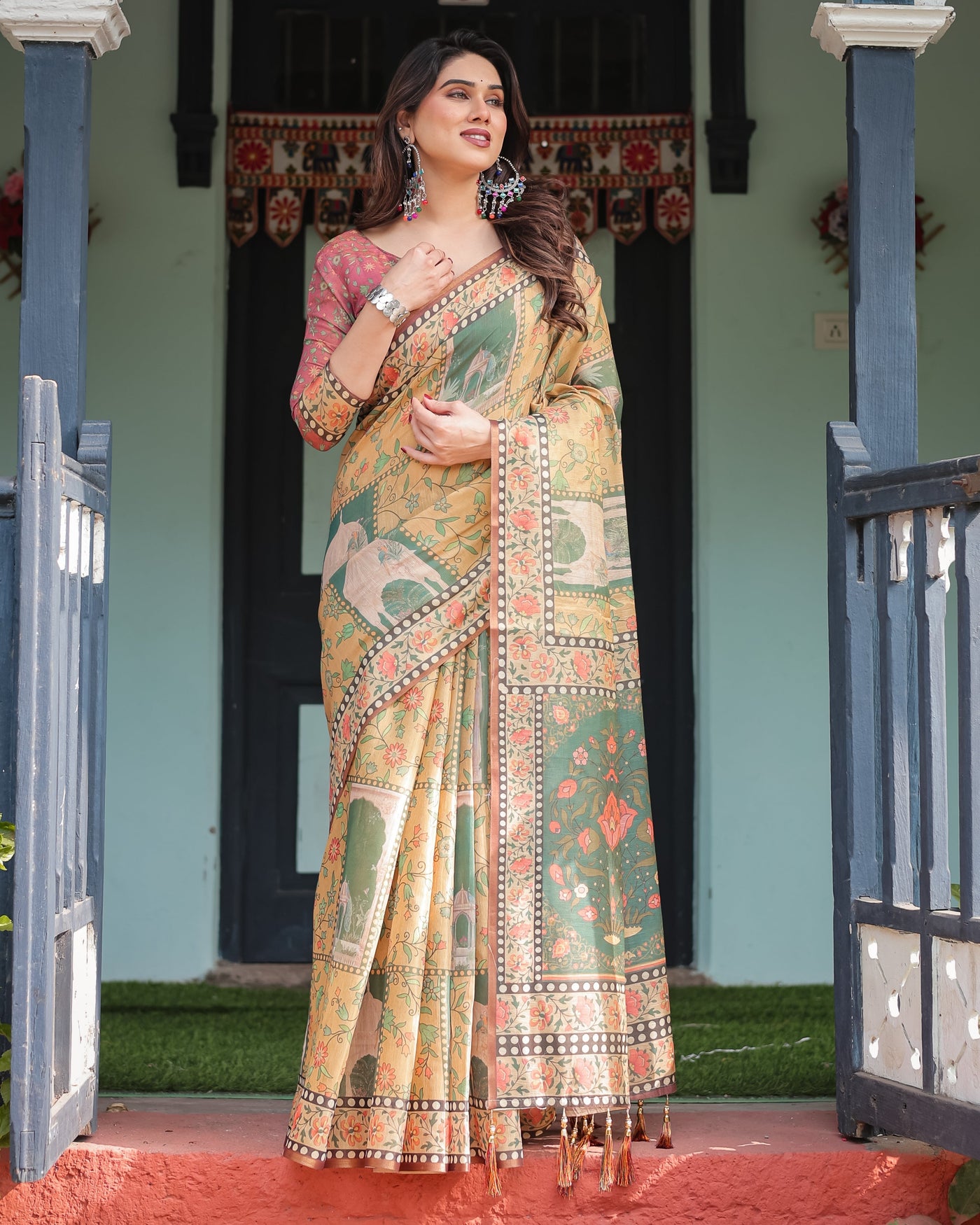 Mustard Yellow with Floral Motifs, Linen Cotton Handloom Printed Saree Architectural Pallu, and Tassels