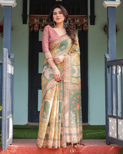 Mustard Yellow with Floral Motifs, Linen Cotton Handloom Printed Saree Architectural Pallu, and Tassels