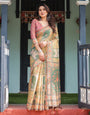 Mustard Yellow with Floral Motifs, Linen Cotton Handloom Printed Saree Architectural Pallu, and Tassels