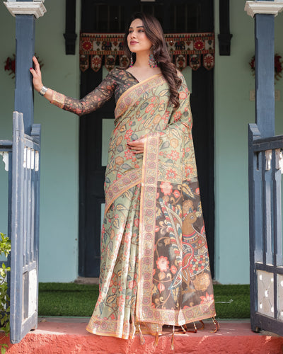 Sage Green with Bold Floral Motifs Linen Cotton Handloom Printed Saree, Vibrant Peacock Pallu, and Tassels