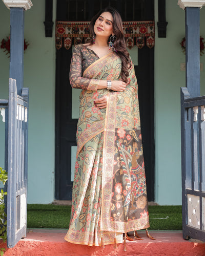 Sage Green with Bold Floral Motifs Linen Cotton Handloom Printed Saree, Vibrant Peacock Pallu, and Tassels