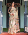 Sage Green with Bold Floral Motifs Linen Cotton Handloom Printed Saree, Vibrant Peacock Pallu, and Tassels