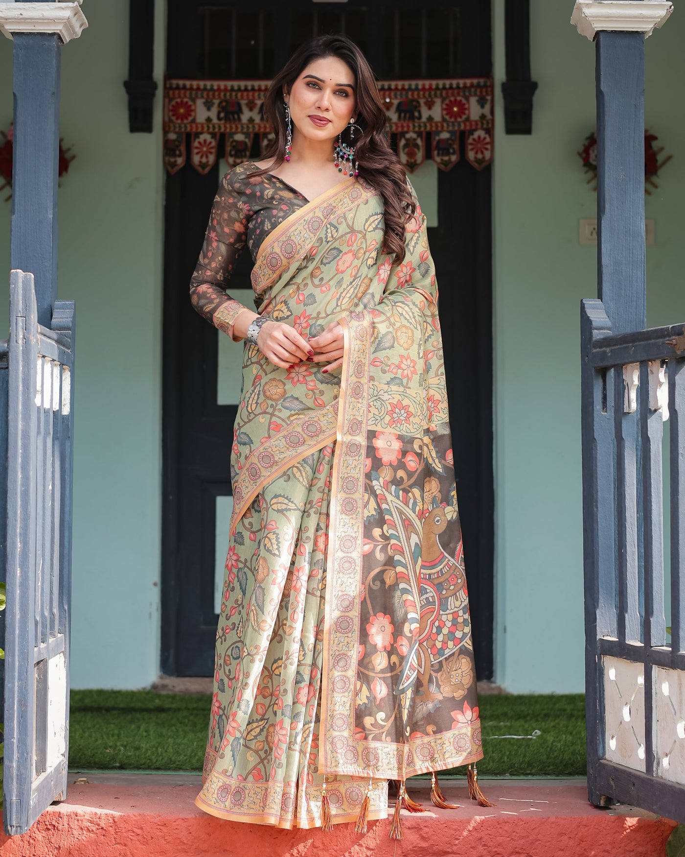 Sage Green with Bold Floral Motifs Linen Cotton Handloom Printed Saree, Vibrant Peacock Pallu, and Tassels