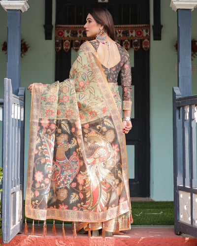 Sage Green with Bold Floral Motifs Linen Cotton Handloom Printed Saree, Vibrant Peacock Pallu, and Tassels