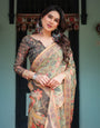 Sage Green with Bold Floral Motifs Linen Cotton Handloom Printed Saree, Vibrant Peacock Pallu, and Tassels