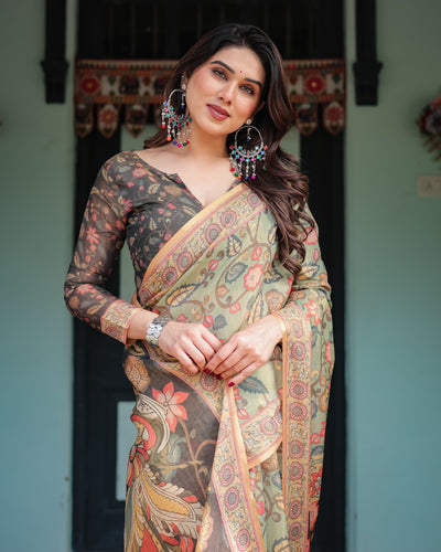 Sage Green with Bold Floral Motifs Linen Cotton Handloom Printed Saree, Vibrant Peacock Pallu, and Tassels