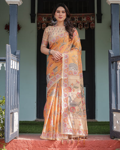 Sunny Mustard with Floral Motifs Linen Cotton Handloom Printed Saree, Delicate Borders, and Tassels