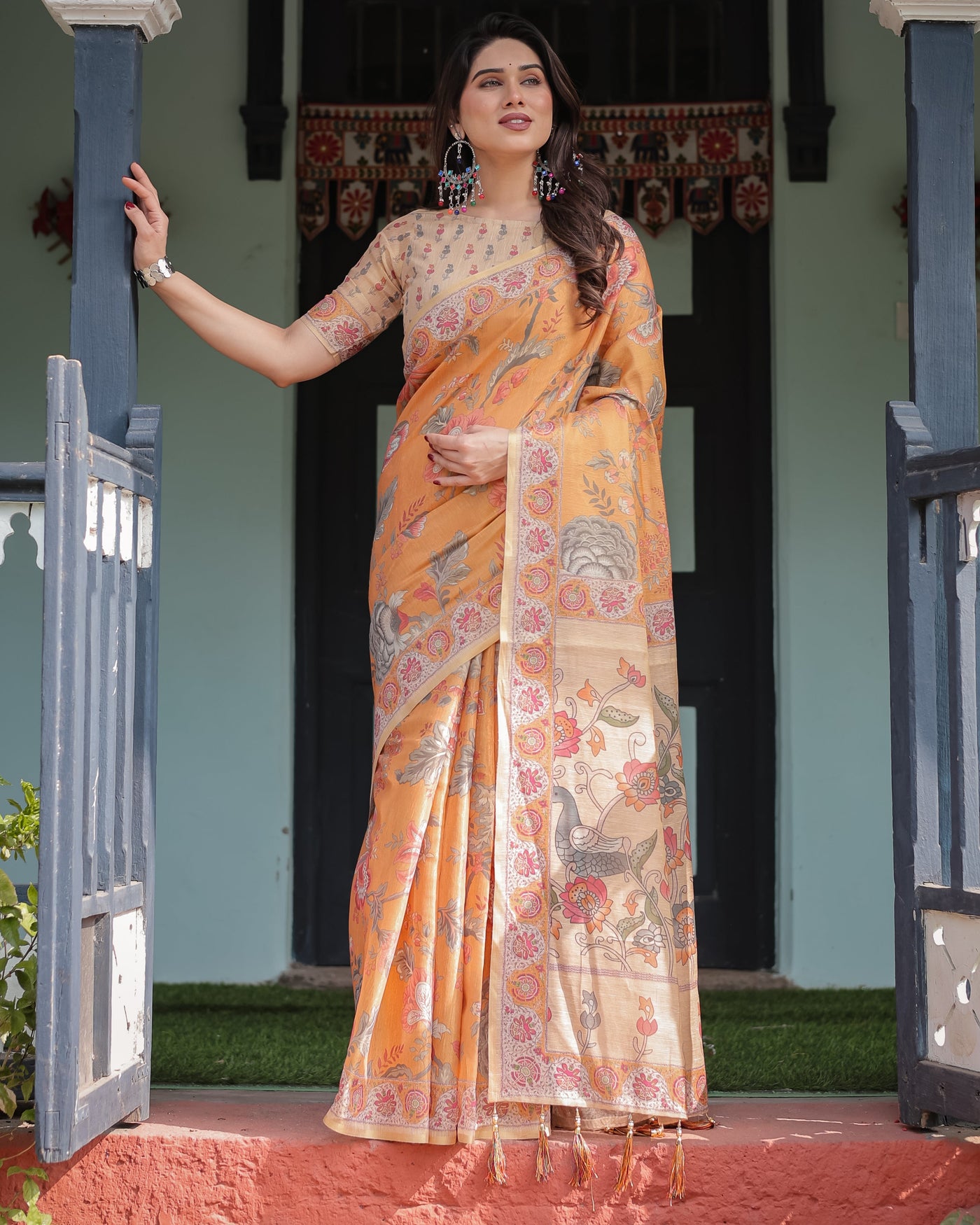 Sunny Mustard with Floral Motifs Linen Cotton Handloom Printed Saree, Delicate Borders, and Tassels