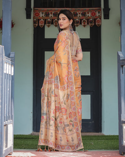 Sunny Mustard with Floral Motifs Linen Cotton Handloom Printed Saree, Delicate Borders, and Tassels