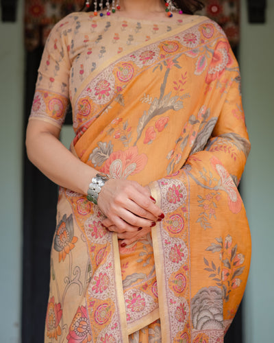 Sunny Mustard with Floral Motifs Linen Cotton Handloom Printed Saree, Delicate Borders, and Tassels