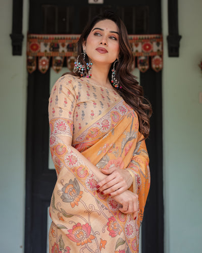 Sunny Mustard with Floral Motifs Linen Cotton Handloom Printed Saree, Delicate Borders, and Tassels