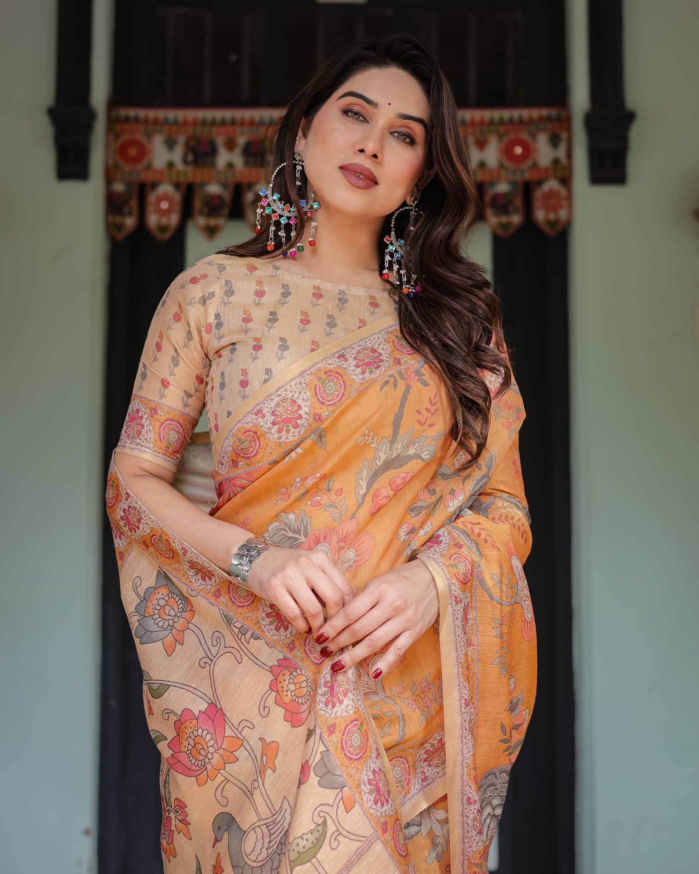 Sunny Mustard with Floral Motifs Linen Cotton Handloom Printed Saree, Delicate Borders, and Tassels