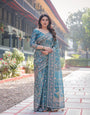 Elegant Aqua Blue Handloom Cotton-Linen Saree with Golden Zari Weave and Tassel Finish