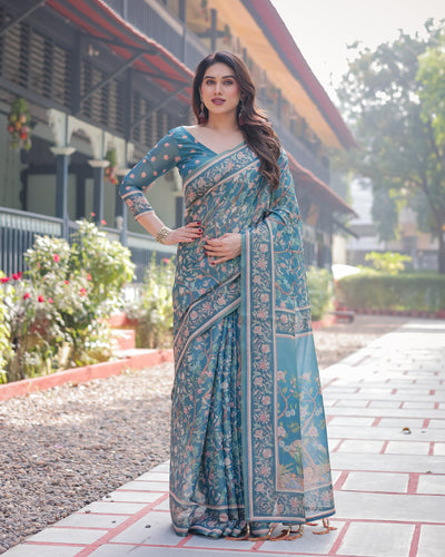 Elegant Aqua Blue Handloom Cotton-Linen Saree with Golden Zari Weave and Tassel Finish