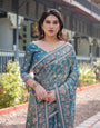 Elegant Aqua Blue Handloom Cotton-Linen Saree with Golden Zari Weave and Tassel Finish