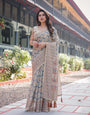 Classic Beige Handloom Cotton-Linen Saree with Madhubani-Inspired Prints and Zari Highlights