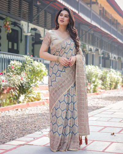 Classic Beige Handloom Cotton-Linen Saree with Madhubani-Inspired Prints and Zari Highlights