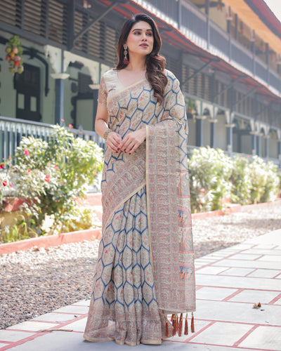 Classic Beige Handloom Cotton-Linen Saree with Madhubani-Inspired Prints and Zari Highlights