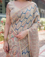 Classic Beige Handloom Cotton-Linen Saree with Madhubani-Inspired Prints and Zari Highlights