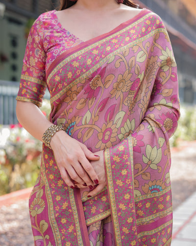 Regal Pink Handloom Cotton-Linen Saree with Floral Motifs, Golden Zari Highlights, and Tassel Detailing