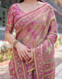 Regal Pink Handloom Cotton-Linen Saree with Floral Motifs, Golden Zari Highlights, and Tassel Detailing