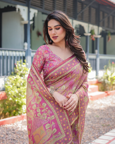 Regal Pink Handloom Cotton-Linen Saree with Floral Motifs, Golden Zari Highlights, and Tassel Detailing