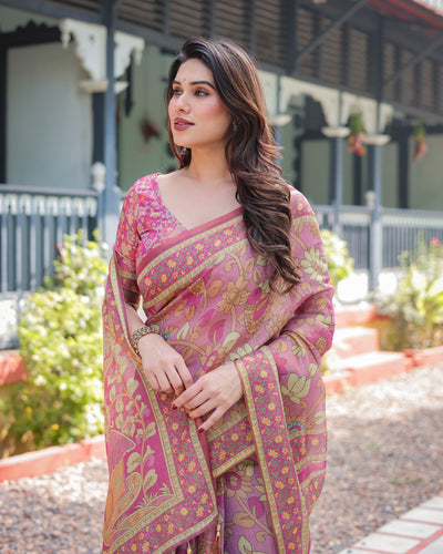 Regal Pink Handloom Cotton-Linen Saree with Floral Motifs, Golden Zari Highlights, and Tassel Detailing