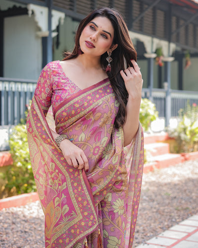 Regal Pink Handloom Cotton-Linen Saree with Floral Motifs, Golden Zari Highlights, and Tassel Detailing