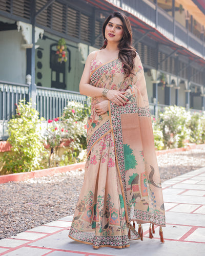 Beige Handloom Cotton-Linen Saree with Elephant Motifs and Geometric Border Design