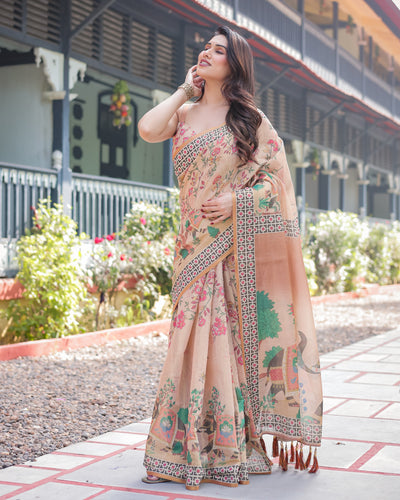 Beige Handloom Cotton-Linen Saree with Elephant Motifs and Geometric Border Design