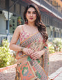 Beige Handloom Cotton-Linen Saree with Elephant Motifs and Geometric Border Design